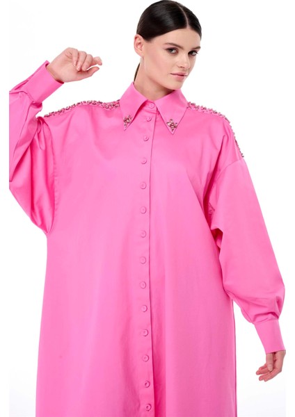 Taş Işlemeli Poplin Elbise Pembe indirimleri