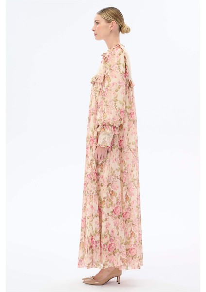 Puantiye Dantelli Elbise Pembe