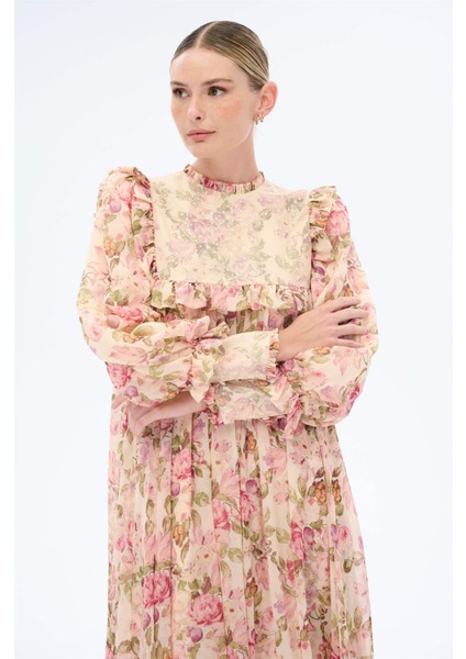 Puantiye Dantelli Elbise Pembe
