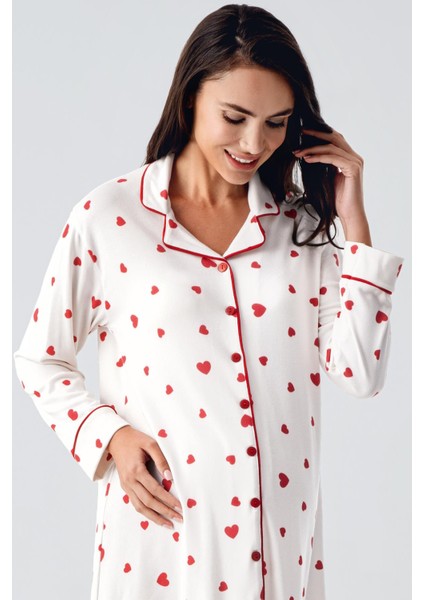 Uzun Kollu Düğmeli Kalp Desenli Esnek Hamile Gecelik 21113 modelleri