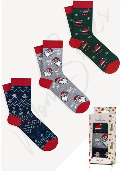 Mono Socks - 3'lü Hoho Noel Dede Desenli Yılbaşı Hediyelik Çorap