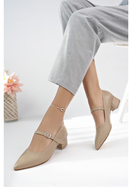 Büyük Numara Bayan Kalın Topuklu Ortadan Baretli Klasik Günlük Ayakkabı
