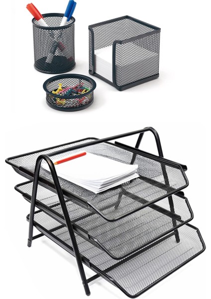 Metal 4'lü Perfore Ofis Masa Üstü Evrak Raflı Set