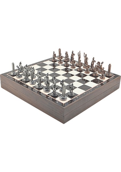 Gifthome Orta Boy Metal Yunan Mitolojisi Satranç Tk. Antik ve Ceviz Desenli Sandıklı Mdf TAHTASI(36X36 Cm.)