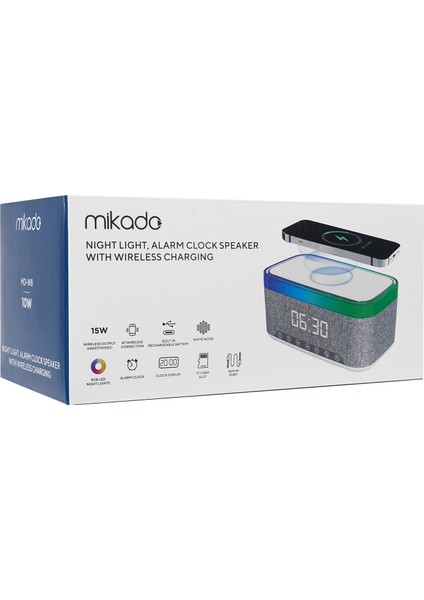 Md-W8 1200MAH 10W Gri Bluetooth-Usb-Kablosuz Şarj Rgb-Gece Lambası Özellikli Alarmlı Saat Speaker