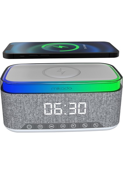 Md-W8 1200MAH 10W Gri Bluetooth-Usb-Kablosuz Şarj Rgb-Gece Lambası Özellikli Alarmlı Saat Speaker