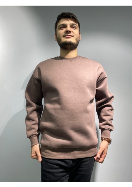 Koyu Vizon Unisex Basic Bisiklet Yaka Oversize Sweatshirt
