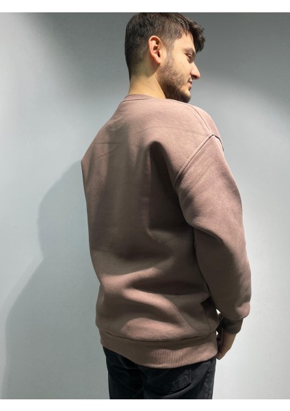 Koyu Vizon Unisex Basic Bisiklet Yaka Oversize Sweatshirt modelleri