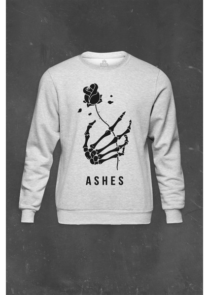 Gri Sweatshirt Kuru Kafa Skull Skeleton Iskelet Ashes Aşk Gül Baskılı Unisex Sweat