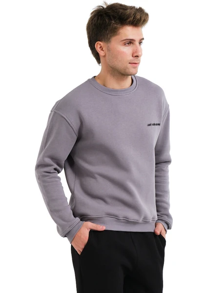 Bisiklet Yaka Nakışlı Şardonlu Içi Polarlı Gri Erkek Sweatshirt - Volar