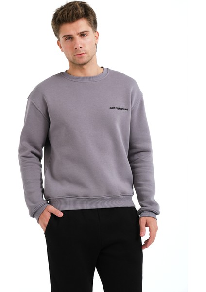 Bisiklet Yaka Nakışlı Şardonlu Içi Polarlı Gri Erkek Sweatshirt - Volar