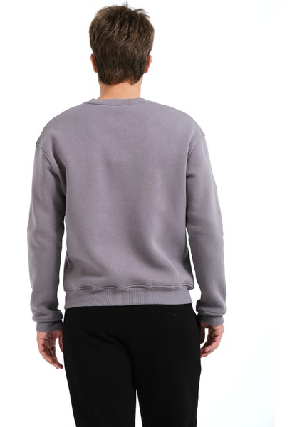 Bisiklet Yaka Nakışlı Şardonlu Içi Polarlı Gri Erkek Sweatshirt - Volar