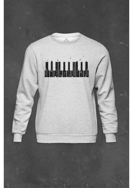 Gri Sweatshirt Piano Skyline Piyano Yukarıdaki Tehlike Baskılı Unisex Sweat