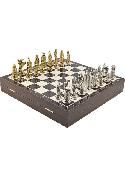 Gifthome Büyük Boy Metal Osmanlı-Bizans Satranç Tk. Parlak ve Ceviz Desenli Sandıklı Mdf TAHTASI(36X36 Cm.)