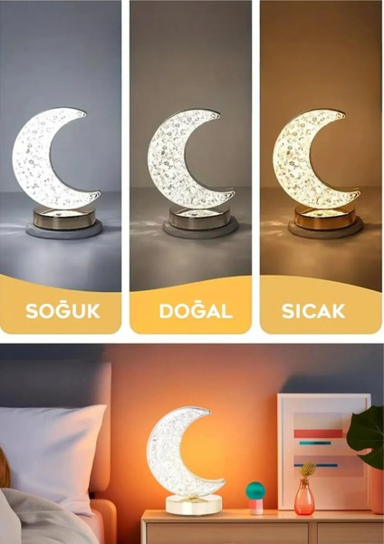 Dekoratif Ay Işığı Hilal Masa Lambası Crystal Moon USB Şarjlı 3 Modlu Ambiyans LED Gece Lambası