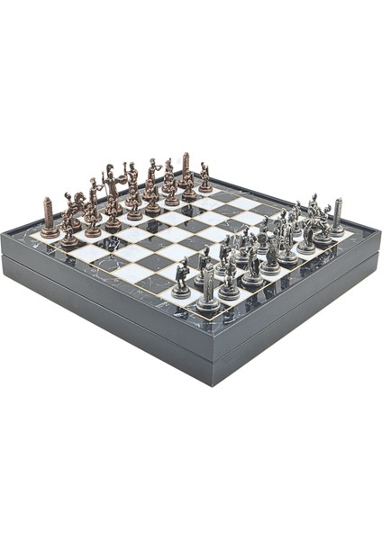 Gifthome Orta Boy Metal Yunan Mitolojisi Satranç Tk. Antik ve Mermer Desenli Sandıklı Mdf TAHTASI(36X36 Cm.)