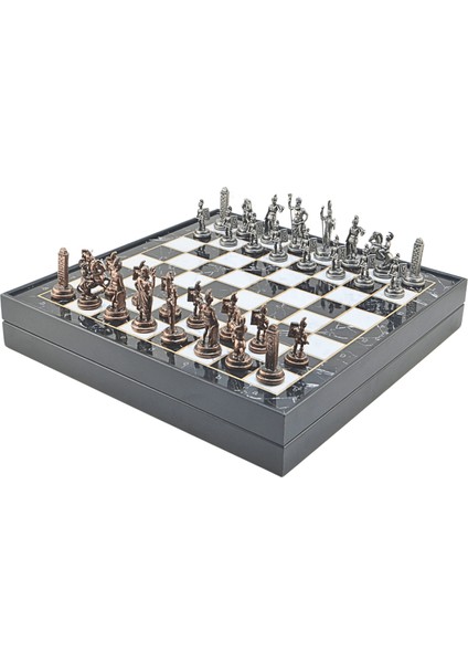 Gifthome Orta Boy Metal Yunan Mitolojisi Satranç Tk. Antik ve Mermer Desenli Sandıklı Mdf TAHTASI(36X36 Cm.)