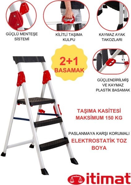 Itimat Extreme Kaliteli 2+1 Plastik Basamaklı Merdiven Hafif, Kolay Taşınabilir Ev Tipi, Mutfak ve Iş