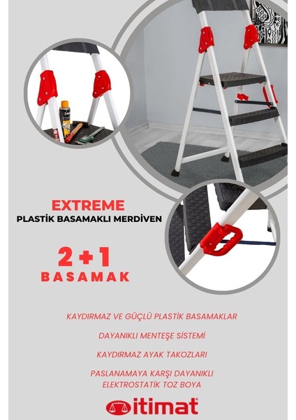 Itimat Extreme Kaliteli 2+1 Plastik Basamaklı Merdiven Hafif, Kolay Taşınabilir Ev Tipi, Mutfak ve Iş