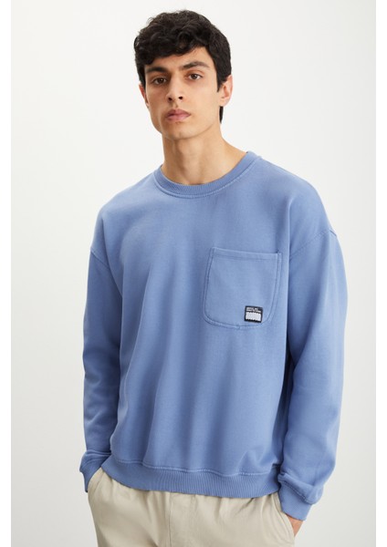 Dımıtrı Erkek Soluk Efektlı Ceplı Süs Etiketli Oversıze Fit Mavi Sweatshirt