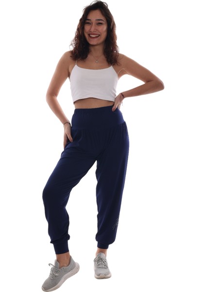 Kadın Taş Baskılı Lacivert Şalvar (Büyük Beden Seçeneğiyle)