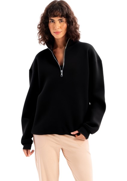Oversize Fit Dik Yaka Yarı Fermuarlı Şardonlu Siyah Kadın Sweatshirt - Cass