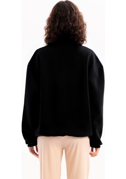 Oversize Fit Dik Yaka Yarı Fermuarlı Şardonlu Siyah Kadın Sweatshirt - Cass modelleri