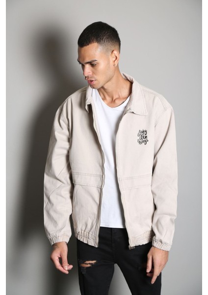 Oversize Bej Baskılı Erkek Fermuarlı Bomber Kot Ceket