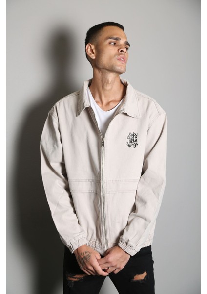 Oversize Bej Baskılı Erkek Fermuarlı Bomber Kot Ceket fiyatları