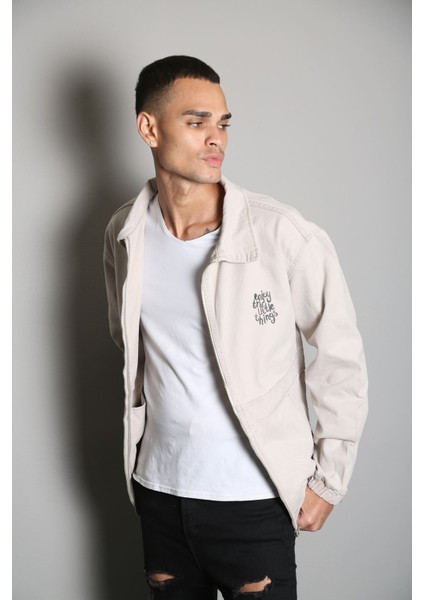Oversize Bej Baskılı Erkek Fermuarlı Bomber Kot Ceket modelleri