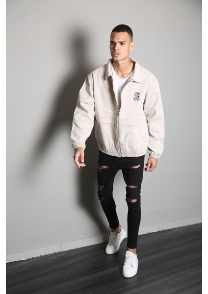 Oversize Bej Baskılı Erkek Fermuarlı Bomber Kot Ceket fırsatları