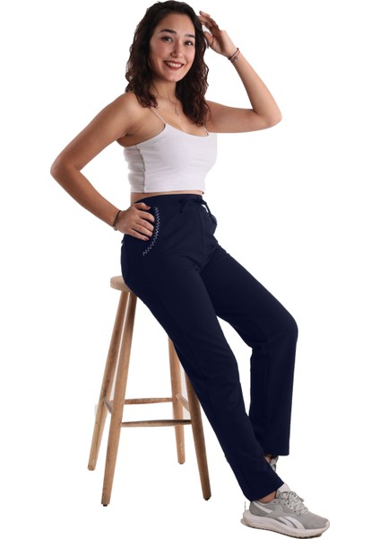 Lacivert Renk Pamuklu Kumaş Taş Baskılı Kadın Eşofman Altı (Büyük Beden Seçeneğiyle)