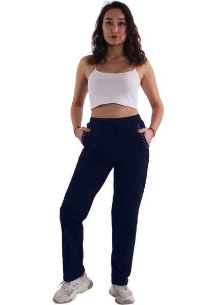 Lacivert Renk Pamuklu Kumaş Taş Baskılı Kadın Eşofman Altı (Büyük Beden Seçeneğiyle) fiyatları