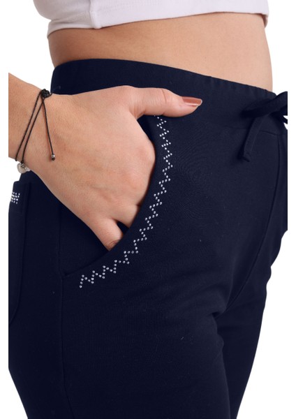 Lacivert Renk Pamuklu Kumaş Taş Baskılı Kadın Eşofman Altı (Büyük Beden Seçeneğiyle) modelleri