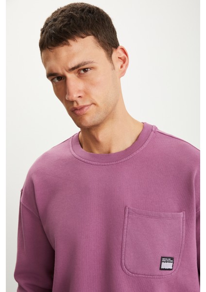 Dımıtrı Erkek Soluk Efektlı Ceplı Süs Etiketli Oversıze Fit Bordo Sweatshirt