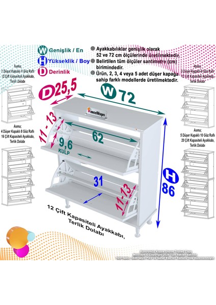 Modilayn Umay Antre Hol 72 x 86 x 25, 5 Cm’ Lik 2 Düşer Kapak 4 Göz Raf Bölmeli Ayakkabılık