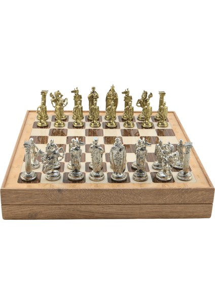 Gifthome Büyük Boy Metal Ingiliz Satranç Takımı Parlak ve Rustik Desenli Sandıklı Mdf TAHTASI(36X36X6 Cm.)