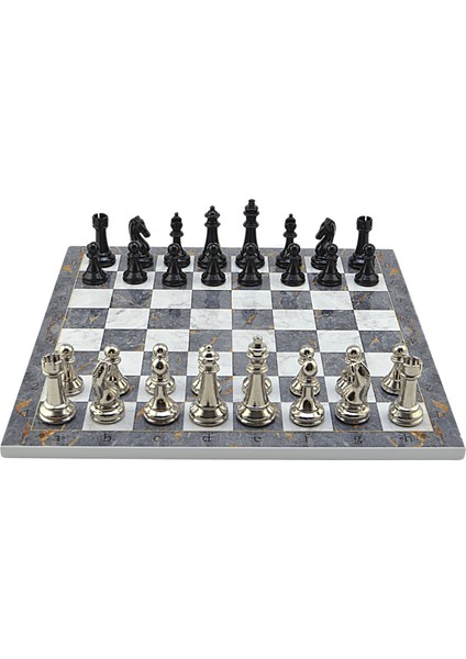 Gifthome Premium Black Metal Klasik Satranç Takımı ve Gri Mermer Desenli Mdf Satranç Tahtası (37X37 Cm.)