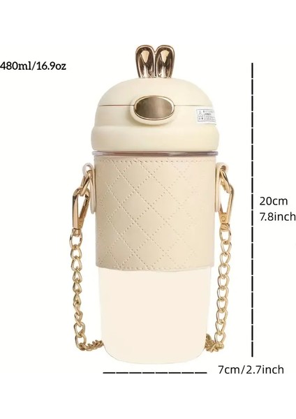 Zincirli Sevimli Tavşan Vakum Yalıtımlı Kupa, 480ML 304 Paslanmaz Çelik Yalıtımlı Su Şişesi (Yurt Dışından)
