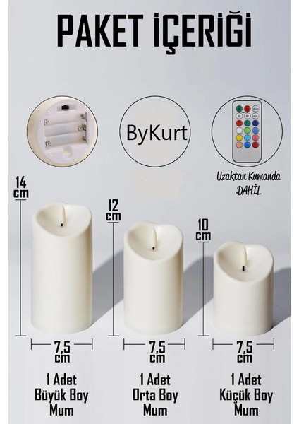 3lü Set 12 Renk 3 Mod Kumandalı LED Mum Küçük Orta Büyük Pilli Dumansız Alev Dekoratif Yapay Mum