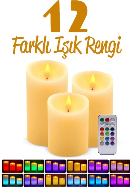 3lü Set 12 Renk 3 Mod Kumandalı LED Mum Küçük Orta Büyük Pilli Dumansız Alev Dekoratif Yapay Mum