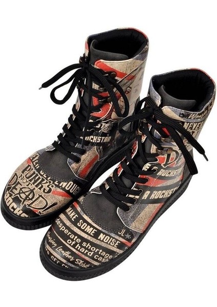 Kadın Vegan Deri Siyah Uzun Bot - British Punk Tasarım