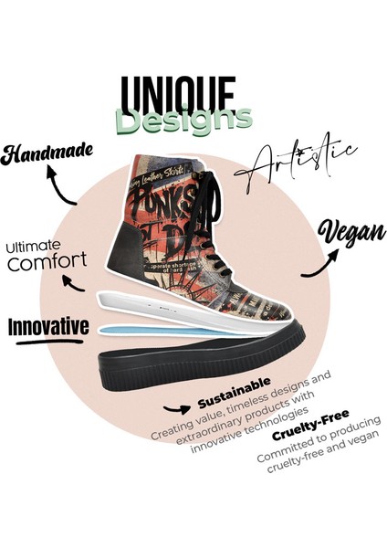 Kadın Vegan Deri Siyah Uzun Bot - British Punk Tasarım