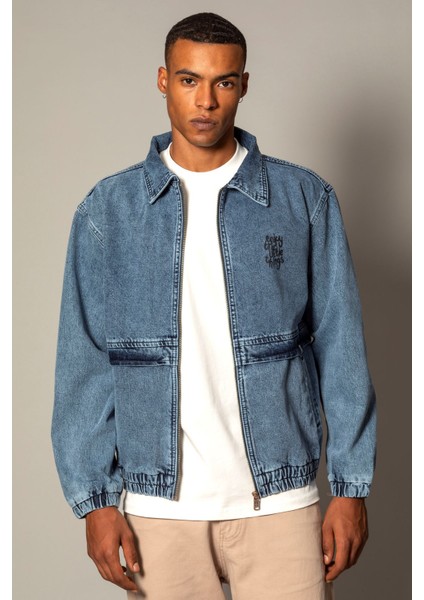 Oversize Buz Mavi Yıkama Baskılı Erkek Fermuarlı Bomber Kot Ceket