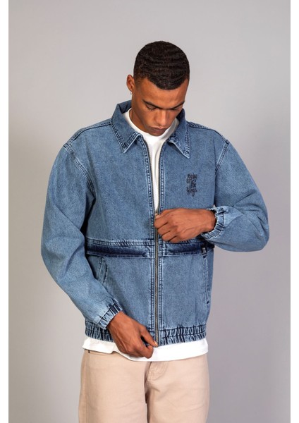 Oversize Buz Mavi Yıkama Baskılı Erkek Fermuarlı Bomber Kot Ceket fiyatları
