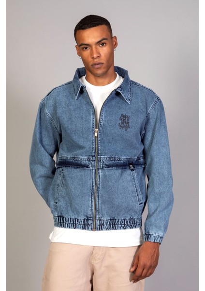 Oversize Buz Mavi Yıkama Baskılı Erkek Fermuarlı Bomber Kot Ceket modelleri