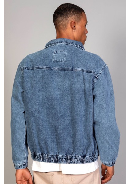 Oversize Buz Mavi Yıkama Baskılı Erkek Fermuarlı Bomber Kot Ceket fırsatları