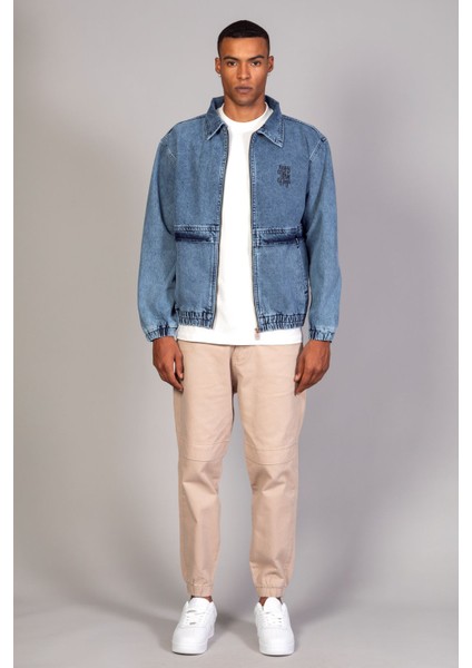 Oversize Buz Mavi Yıkama Baskılı Erkek Fermuarlı Bomber Kot Ceket indirimleri