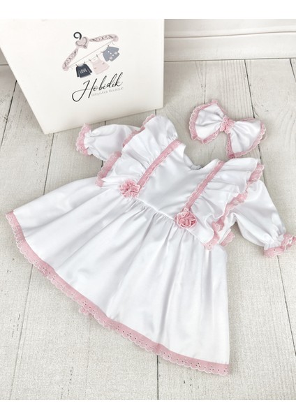 Kız Bebek Beyaz Pembe Fisto Detaylı Fırfırlı Elbise