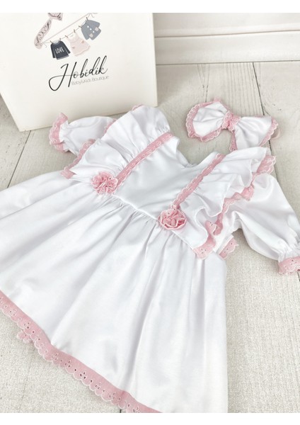 Kız Bebek Beyaz Pembe Fisto Detaylı Fırfırlı Elbise